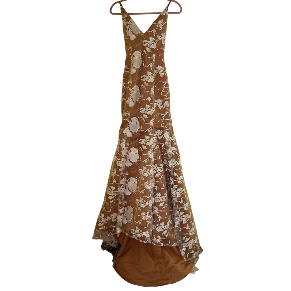 High Brow Light Brown with White Floral Overlay Back Lace Up Mermaid Gown